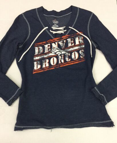 Primary image for NFL Women L Denver Broncos Lace Up Long Sleeve Logo Tee T-shirt Blue Majestic