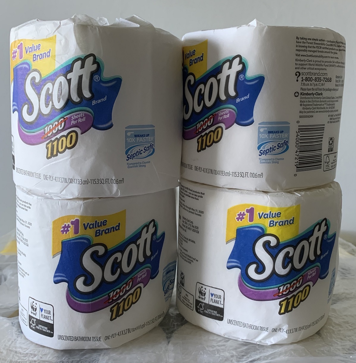 Scott 1100 Toilet Paper 4 Individually Wrapped Rolls, 1Ply 1100 Sheets