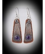 Silver and copper earrings, amethyst, elongated rectangular - $95.00