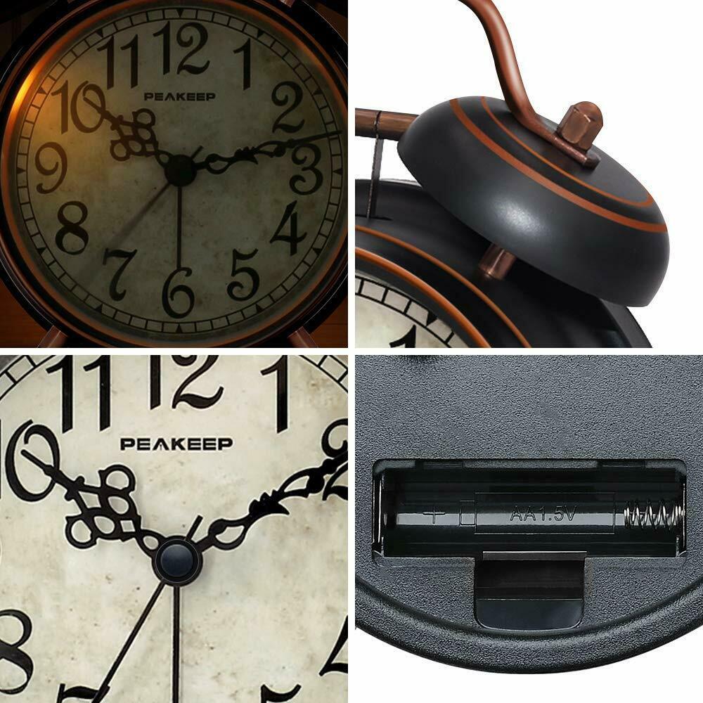 Analog Alarm Bedside Clock Rustic Antiqued Twin Bell Shabby Chic