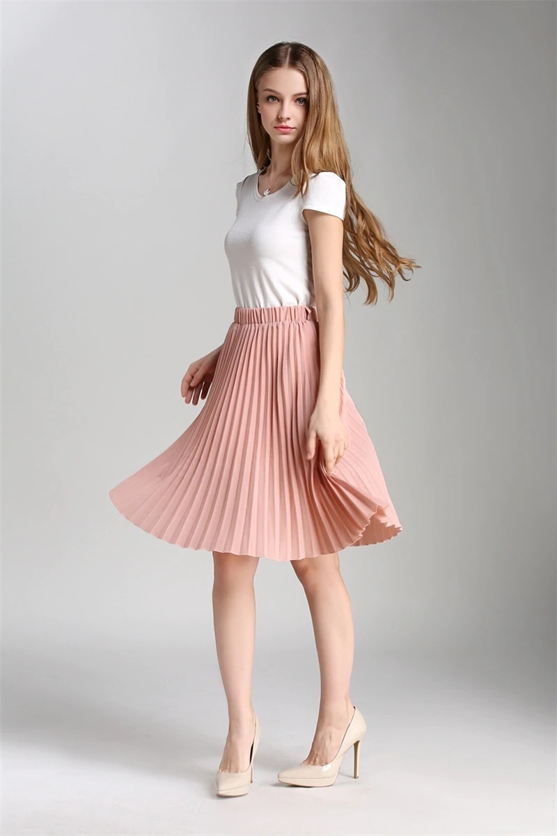 Black Knee Length High Elastic Waist Pleated Women Skirt Casual Spring Summer Skirts 4970