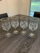 4 VTG Libbey Winter Snow Scene Water Goblet Glasses Etched Trees Gold Ri... - $28.22