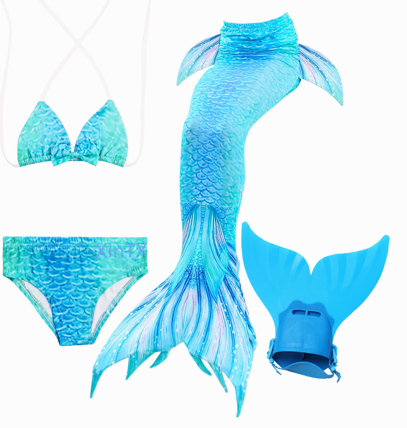 4PCS/Set Light Blue Swimmable Mermaid Tail With Monofin Girls Swimwear Costume