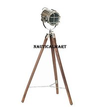 NauticalMart Studio Searchlight Tripod Floor Lamp With Teak Wood Stand
