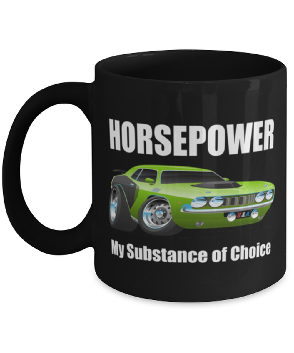 Primary image for 1971 Plymouth Cuda Horsepower Muscle Car CARtoons - 11 oz Classic Black Coffee 