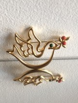 Vintage Gold Christmas Peace Dove Pin Brooch with Red Berry Branch - $14.96