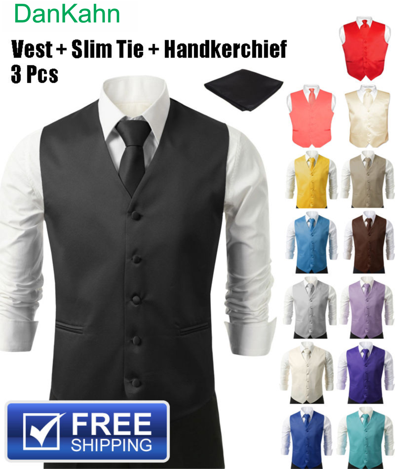 Image of SET Vest Tie Hankie Fashion Men's Formal Dress Suit Slim Tuxedo Waistcoat Coat