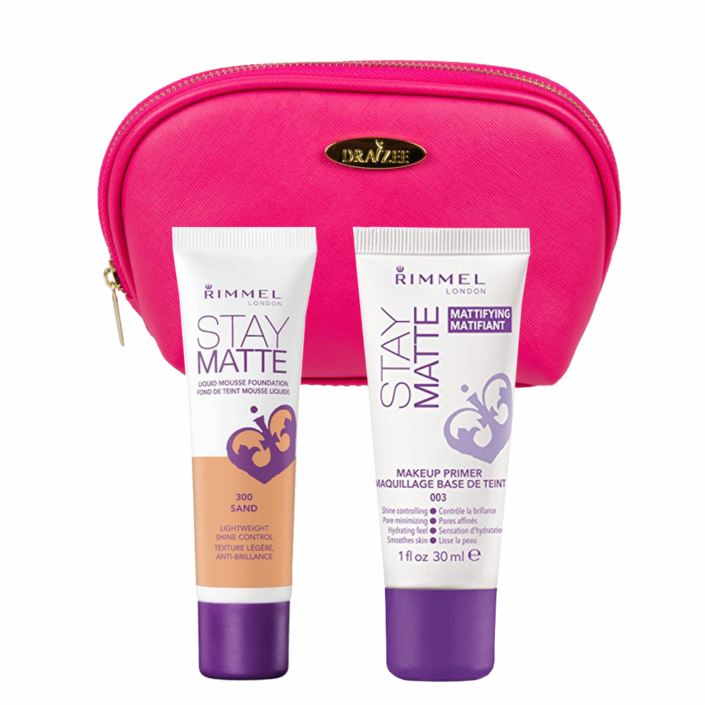 NEW Rimmel Stay Matte Foundation Sand and Primer with Pink Draizee Cosmetic Bag