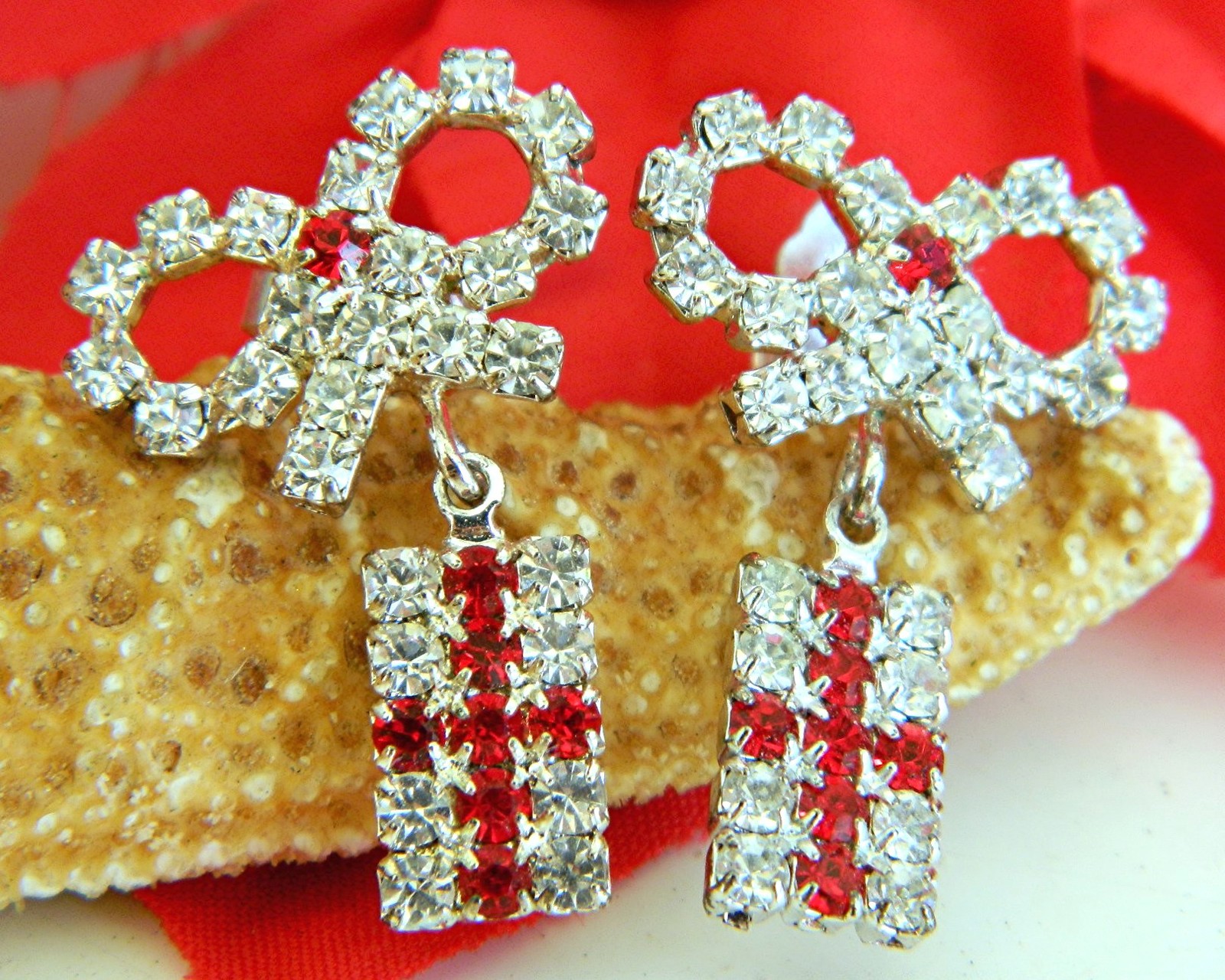 Christmas Earrings Bow Wrapped Holiday Present Red Rhinestones Pierced