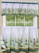 Curtains Set: 2 Tiers & Valance (58"x13") Nautical, Lighthouses, Hamptons, Achim - $21.77