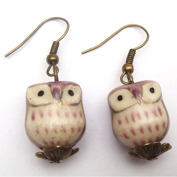 Antiqued Brass Porcelain Owl Earrings Necklaces & Pendants