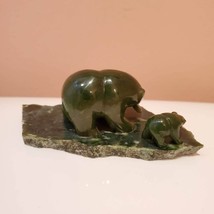 Nephrite Jade Sculpture, Bear with Fish and Cub on Slab Base, Green Stone Animal image 7