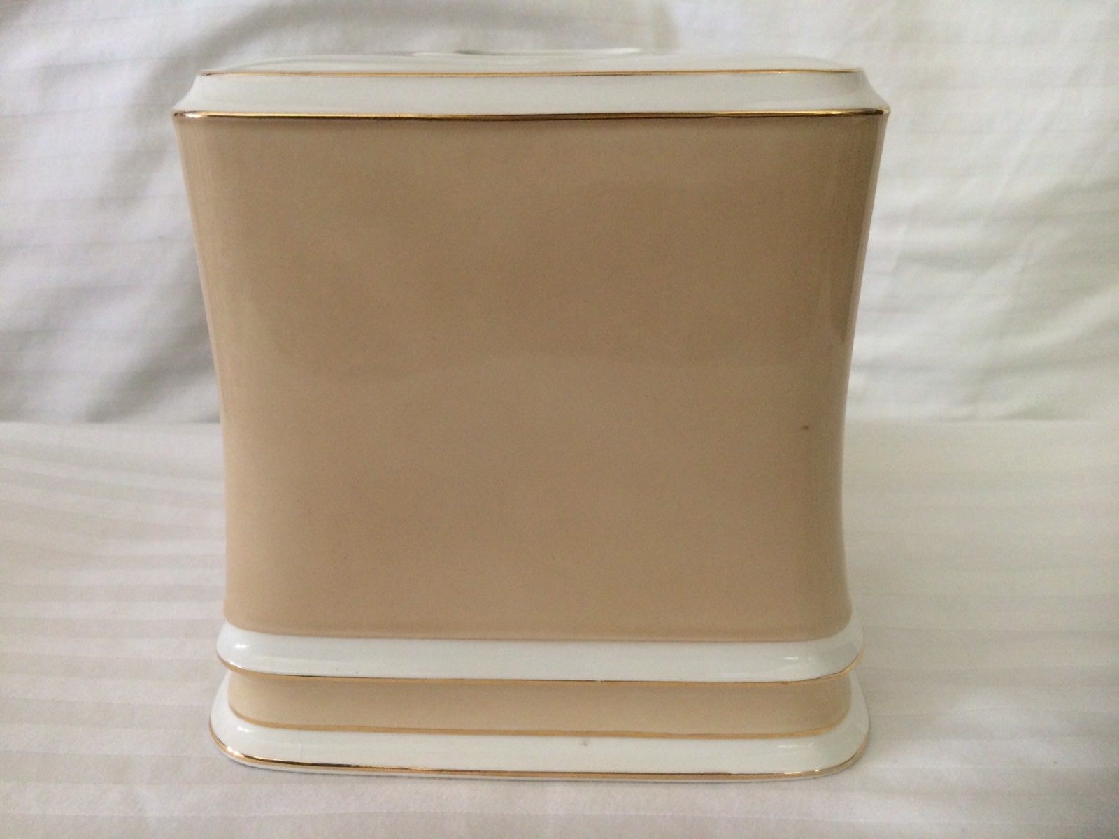 Ceramic Kleenex Tissue Box Cover White Satin & Beige w/Gold Pinstripes