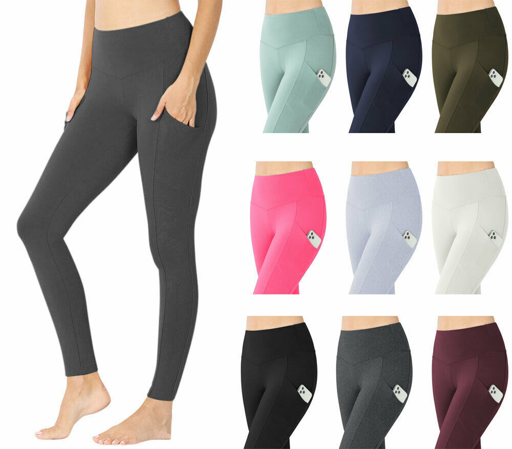 Womens High Waist Solid Cotton Yoga Pants Work Out Leggings w/Pockets