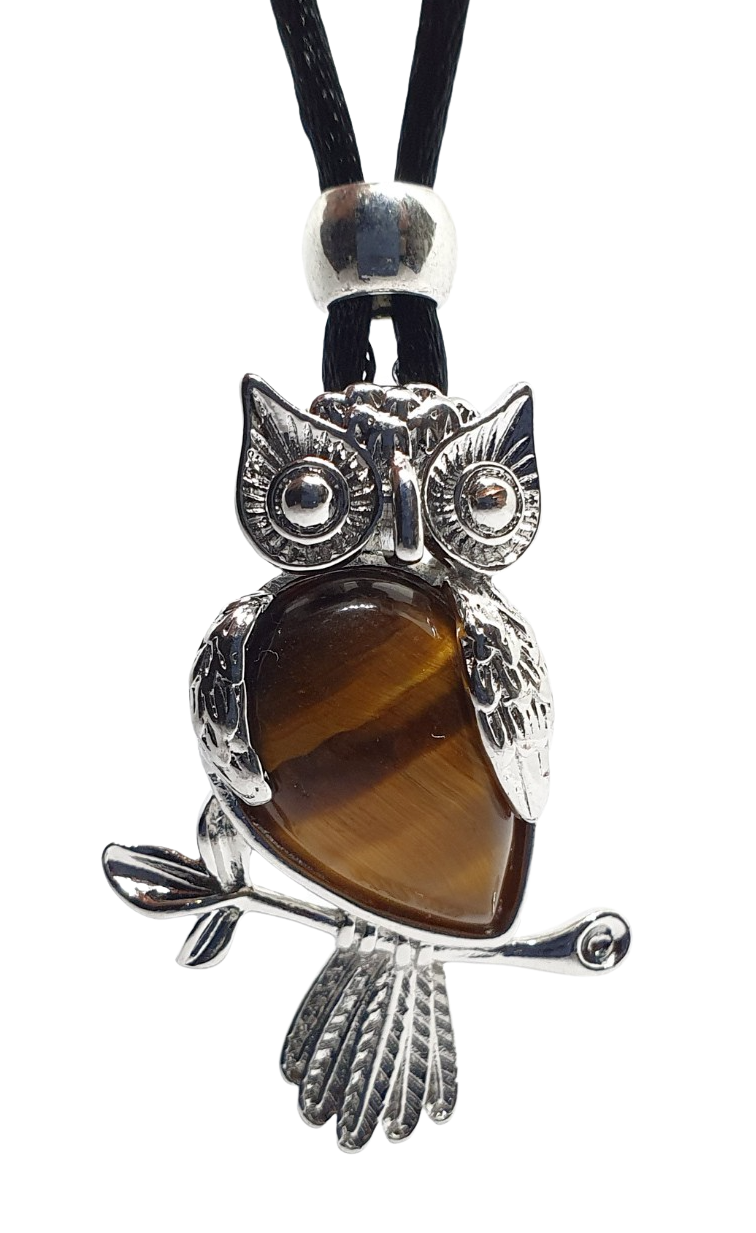 Owl Pendant Tiger's Eye Natural Gem Wire Beaded Necklace Healing Stone