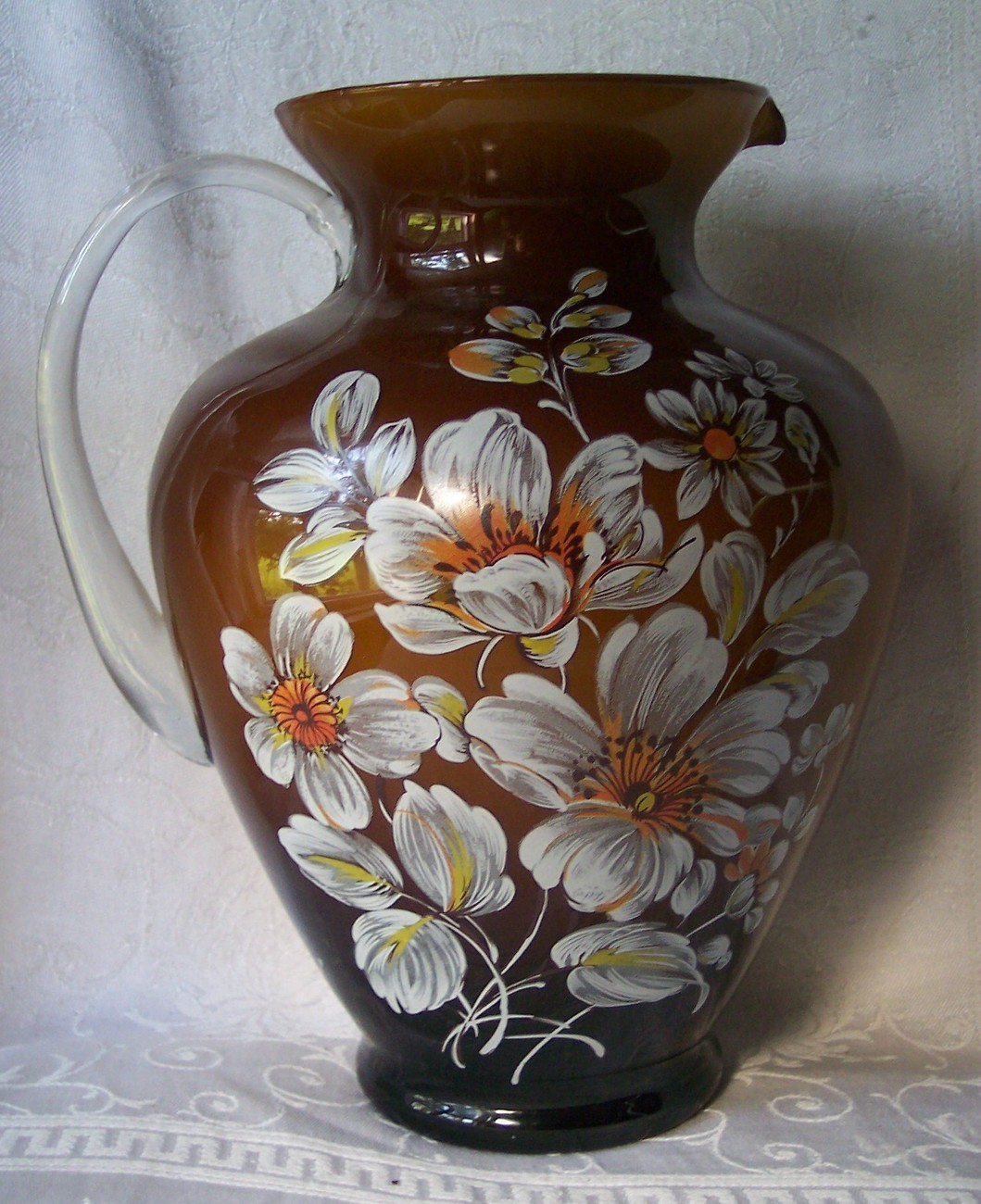 Vintage Blown Glass Pitcher Vase Cased White Italian Italy Brown Floral