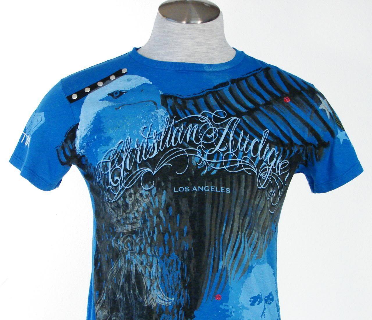 Christian Audigier Blue Tattoo Graphic Rhinestone Tee Shirt Mens Small