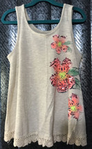 Justice Girl's Sz.12 Beige Coral Floral Knit Tank Top Lace base Sequins shimmer - $14.68