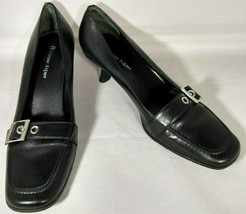 Etienne Aigner NEEMA Black Leather Pump Buckle 2.5&quot; Kitten Heels Size 8.5M - $12.74