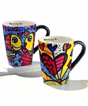 Romero Britto Mug Set of 2 Deeply In Love and  A New Day 12 oz Rare Retired