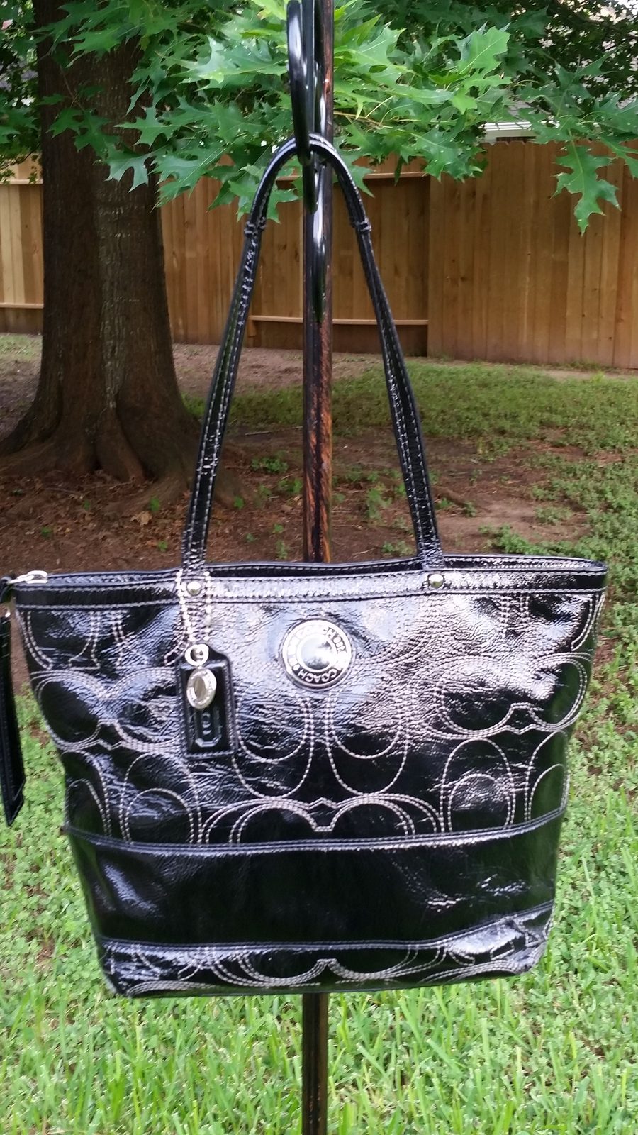 Coach F19198 Signature Stripe Black Patent Leather White Stitched Tote Bag - Women