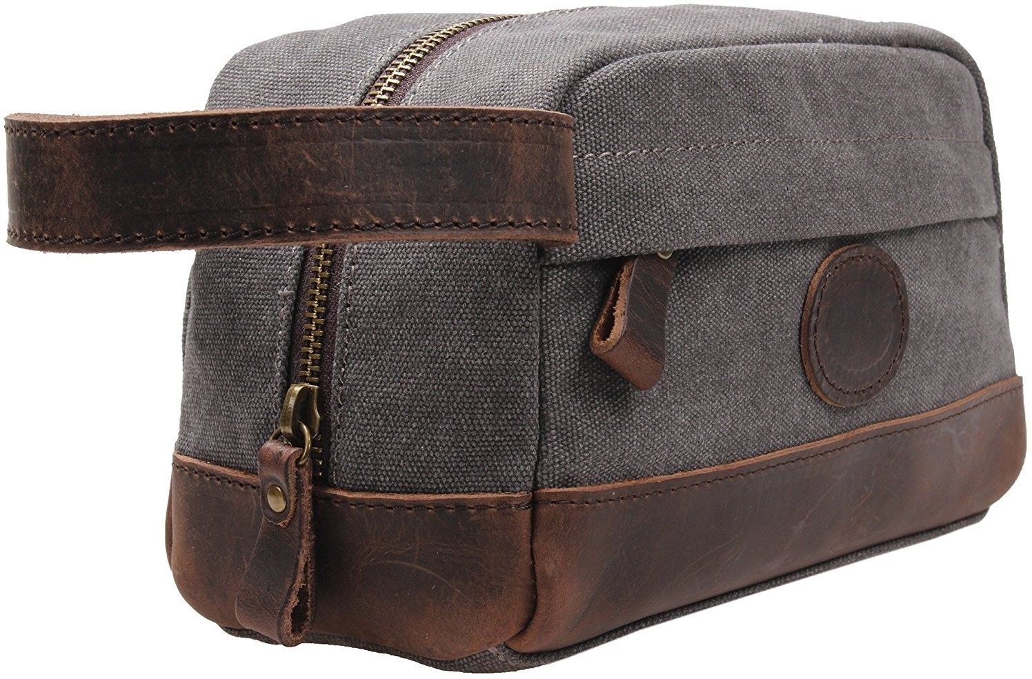 My Style Garment/urban Explorer - Msg vintage leather canvas travel toiletry bag shaving dopp kit #a001 (grey)