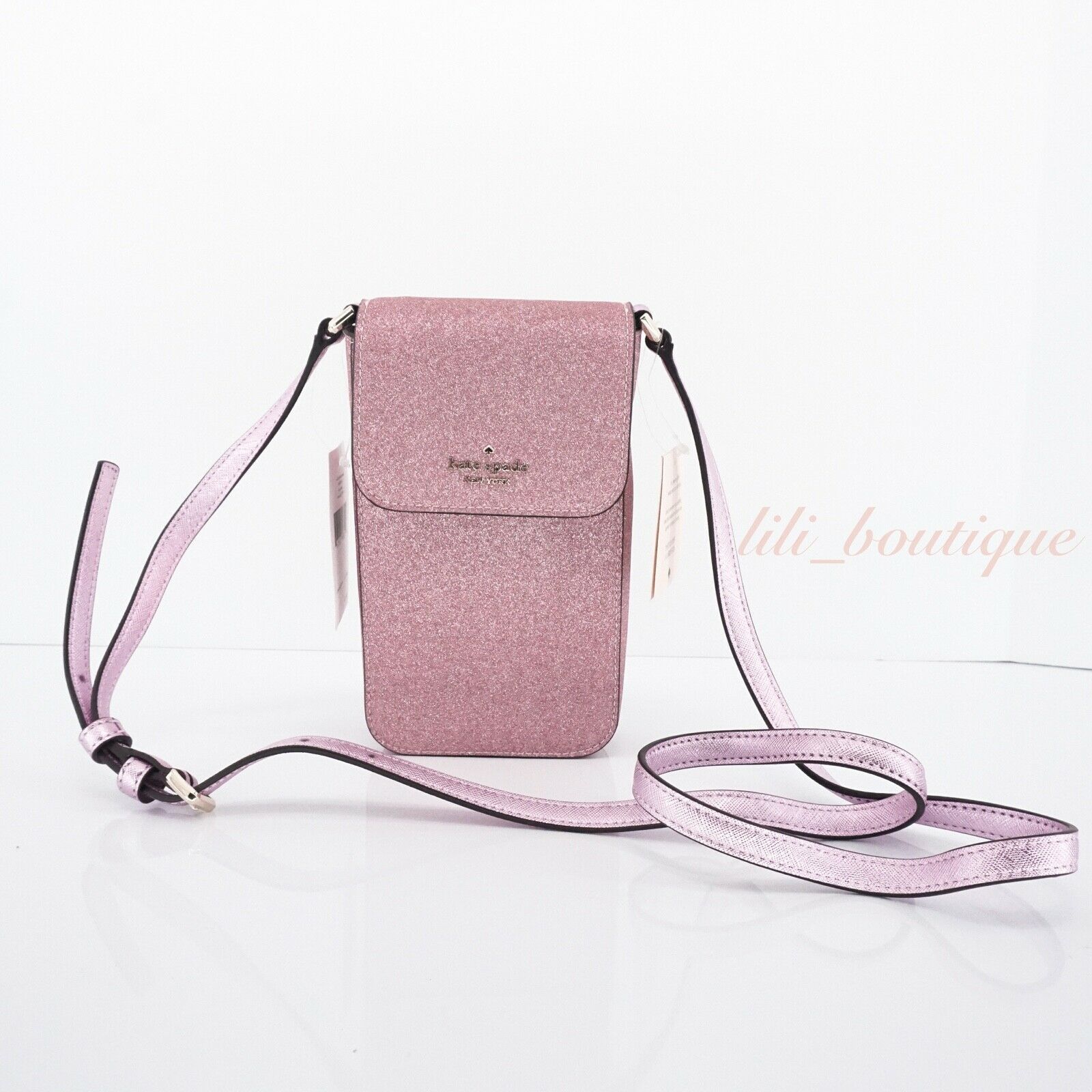 Primary image for NWT Kate Spade WIR00014 North South Flap Phone Crossbody Lola Glitter Rose Pink