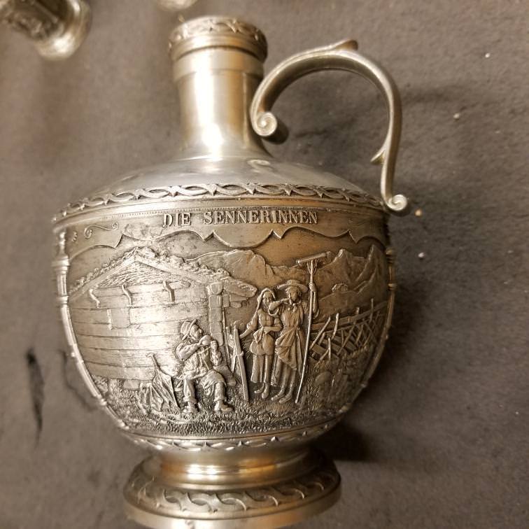 German Pewter Decanter and 4 Shot Glasses SKS Artina Zinn 95 Shot