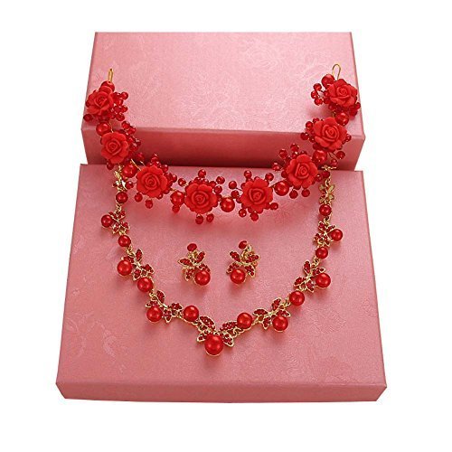 Handmade Red Wedding Bridal Jewelry Hair Style Accessories Earrings Sets, 09