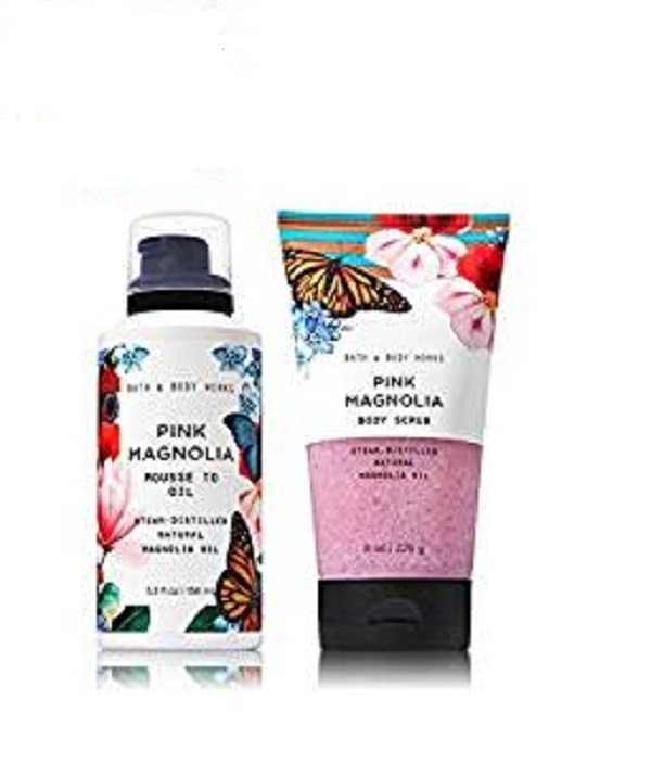 2 Pc Bath & Body Works Pink Magnolia Mousse to Oil and Body Scrub