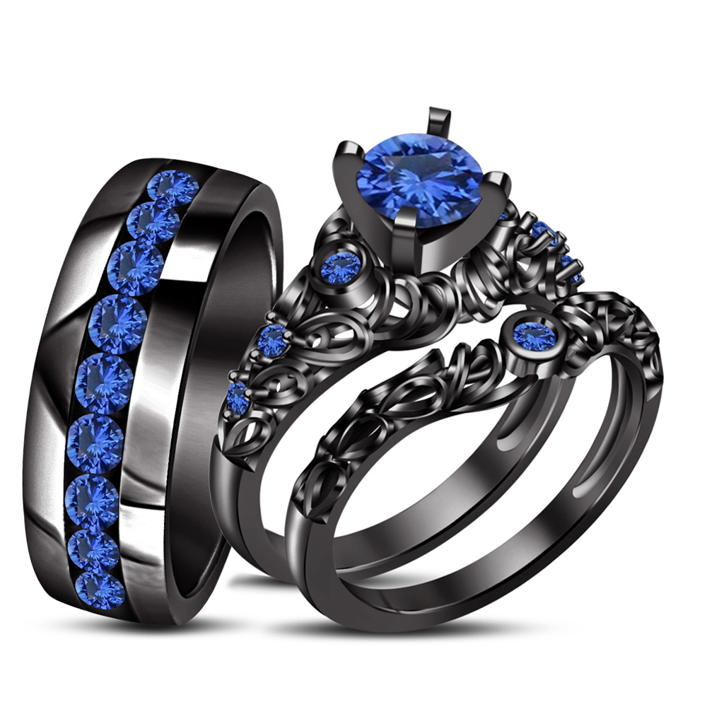  Blue  Sapphire His Her Wedding  Band Ring  Trio Set Black 