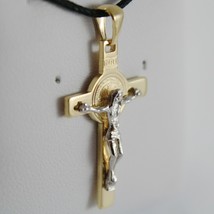 18K YELLOW WHITE GOLD CROSS WITH JESUS & ST SAINT BENEDICT MEDAL MADE IN ITALY image 2