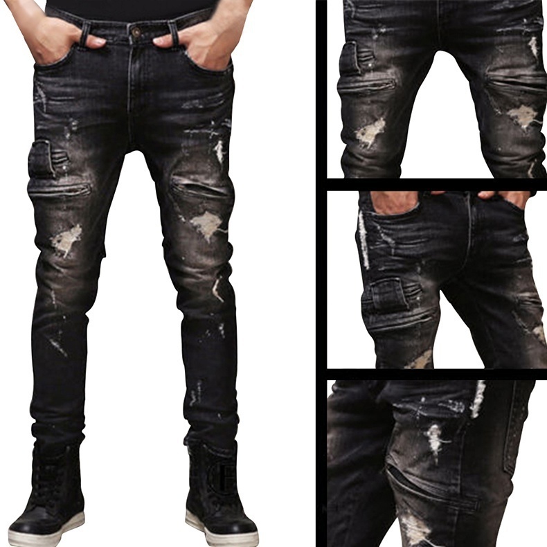 Mens Ripped Biker Jeans 100% Cotton Slim Fit Motorcycle Jeans Distressed Denim