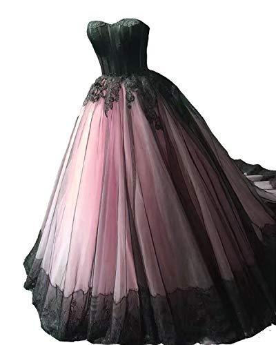Kivary Vintage Black Lace Tulle Ball Gown Gothic Long Prom Wedding Dress Pink US
