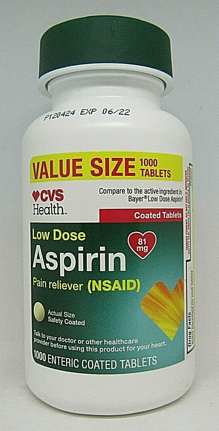 CVS Health Low Dose Aspirin 81mg Pain Reliever Coated 1000Tablets Exp.6