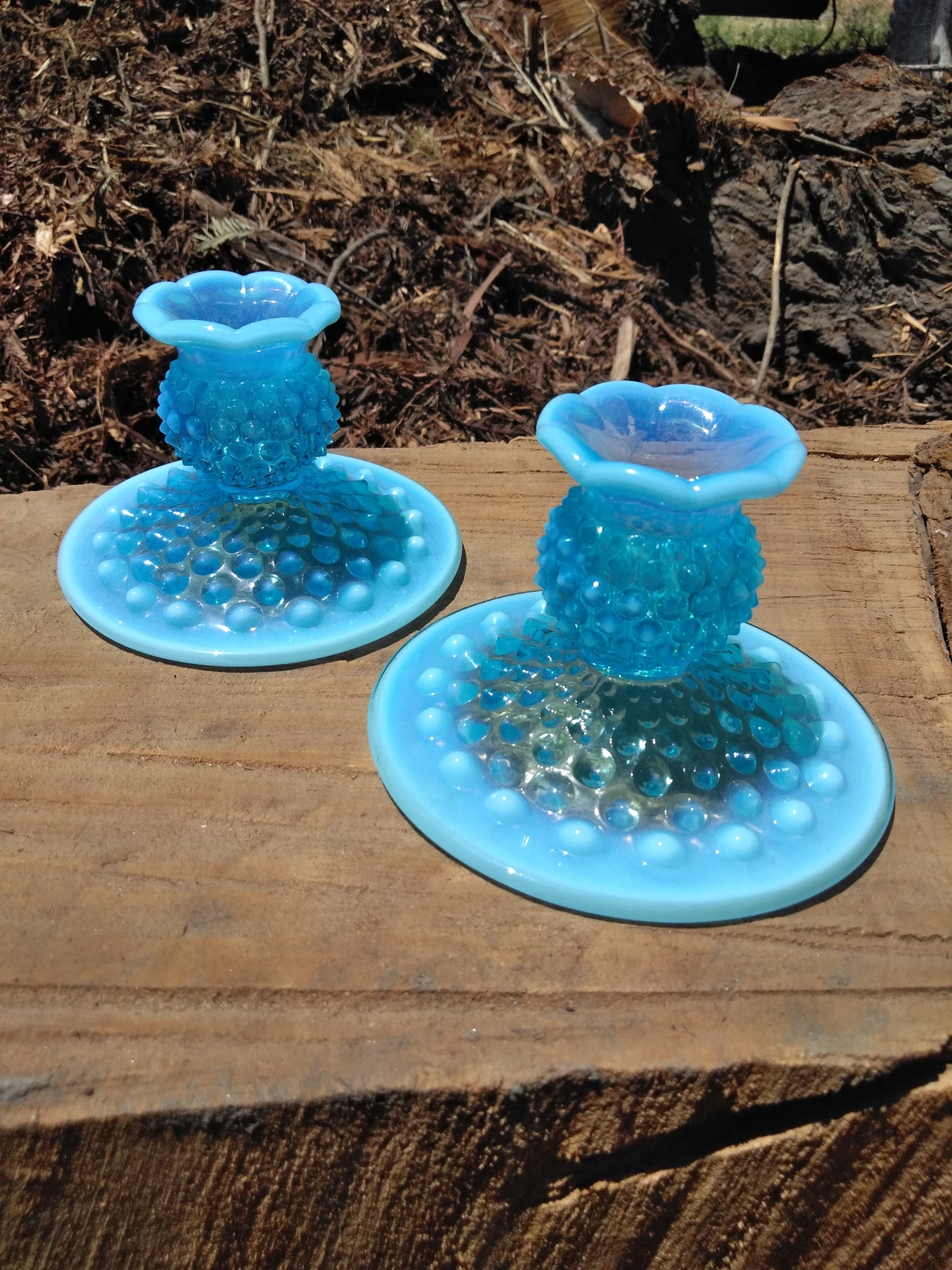 Vintage Fenton Blue Opalescent Hobnail Candle Holder Glass Pair Fenton 3967