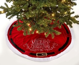 Christmas Tree Skirt Santa Suit Design 48" Diameter Red Black Belt Polyester image 1