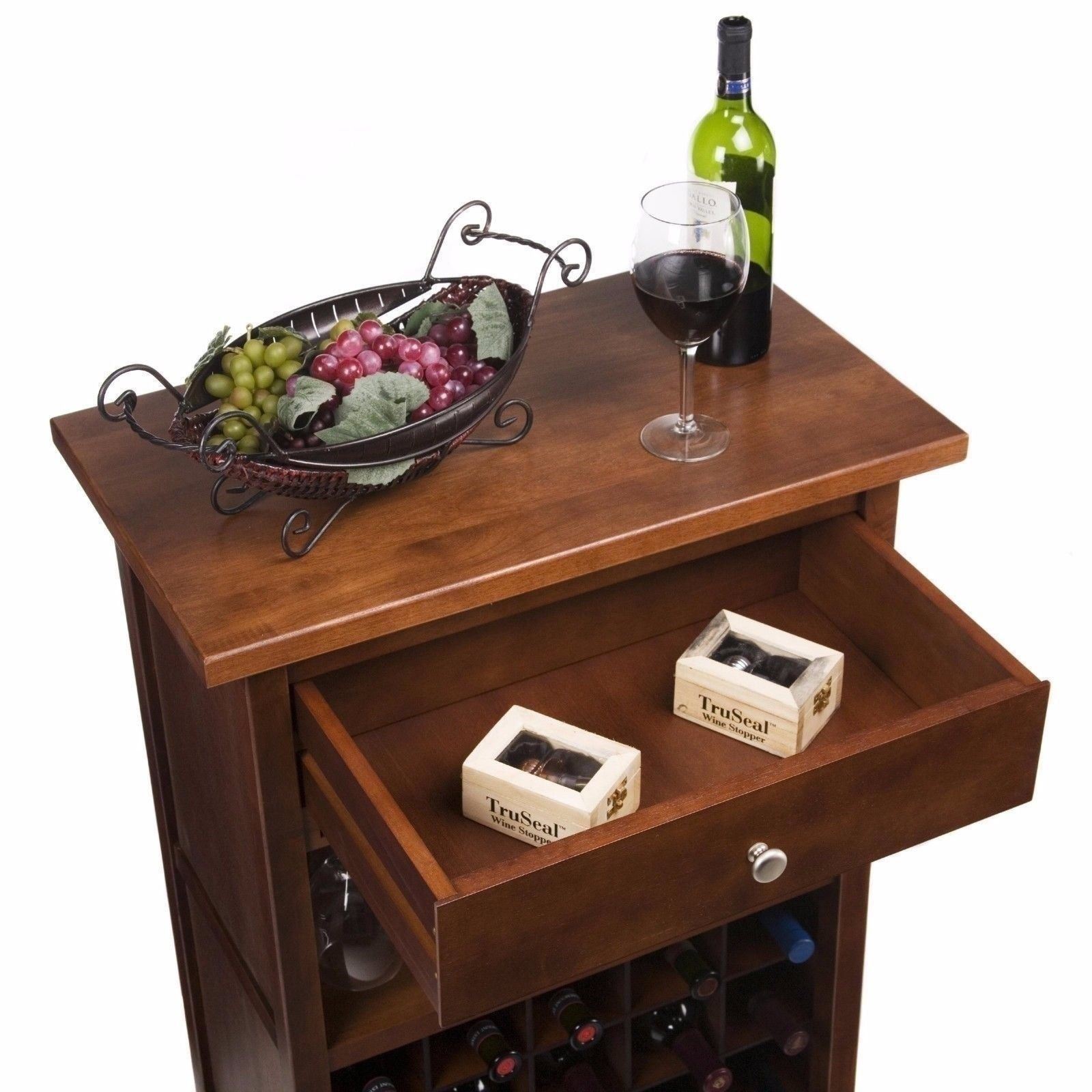 Walnut Finish Wooden Wine Rack Cabinet Storage Glass Holds 20 Bottles ...