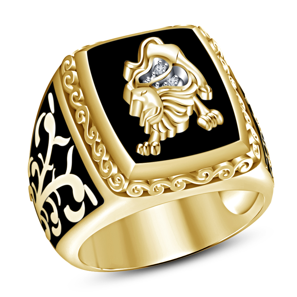 14k Yellow Gold Plated 925 Silver Men's Black Enamel Band Leo Ring Free ...