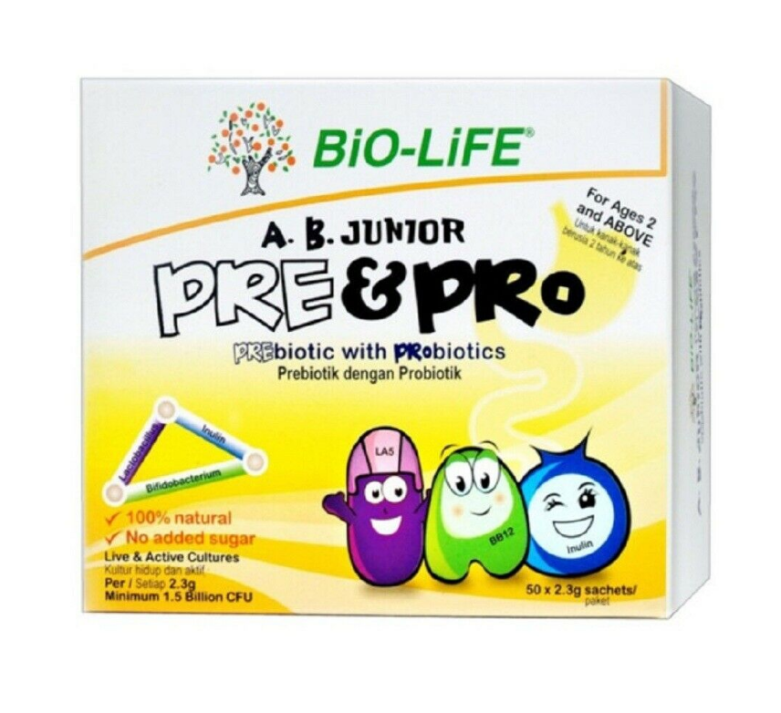 2 X BiO-LiFE A.B. Junior Pre & Pro Biotic 50 X 2.3g sachets For Children DHL