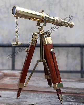 Vintage Brass Spy Glass Desk Telescope Handmade Wooden Tripod Tabletop Telescope