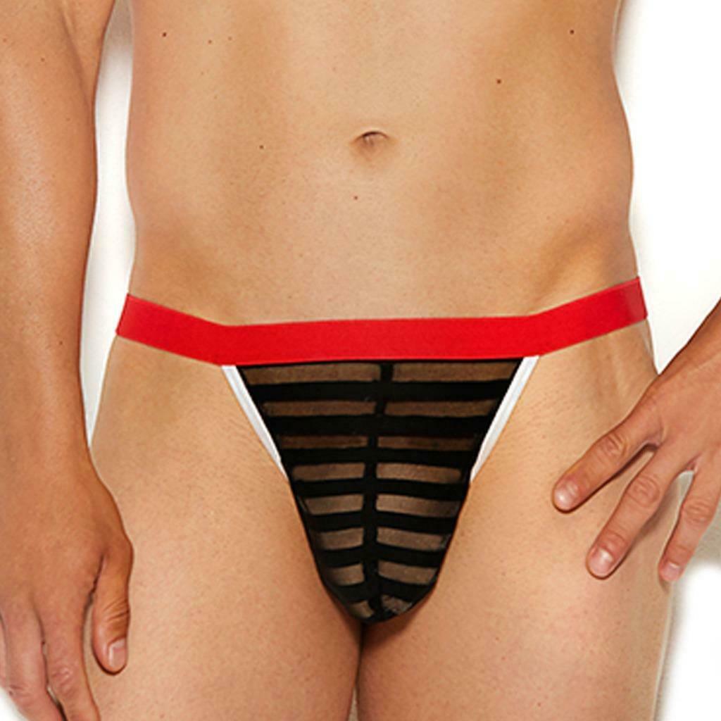 Mens Striped Mesh G String Pouch Sheer Stretch Contrast Trim Elastic