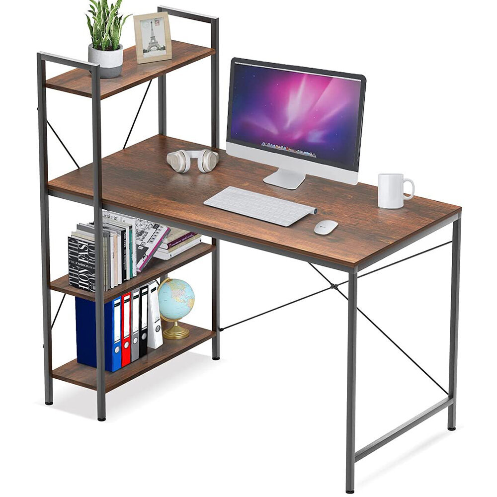 Hoffree 47.2 inch Work Station Computer Writing Desk 4-Tiers Shelves ...