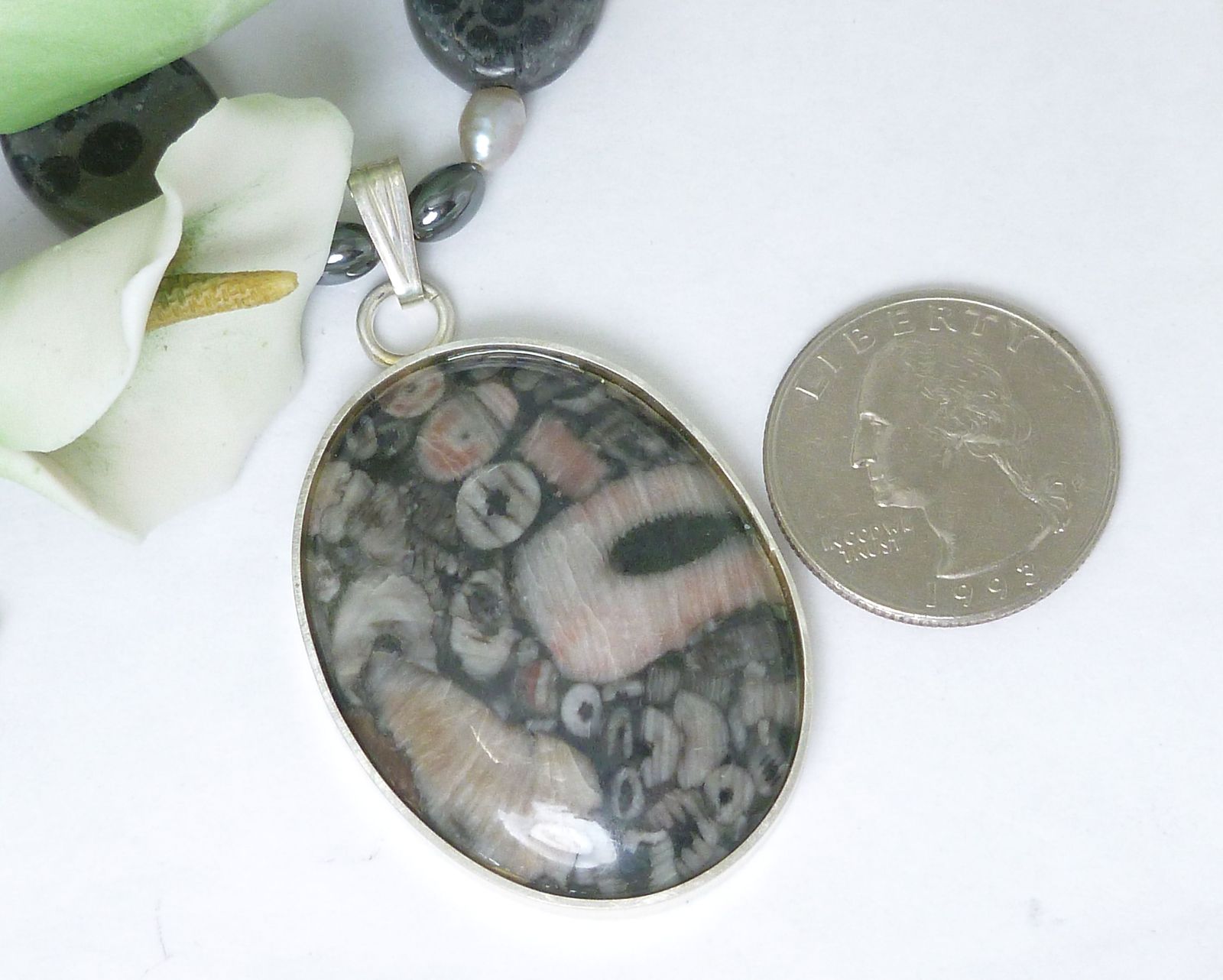 Fossil Rock Sterling Pendant Freshwater Pearl Jasper Necklace