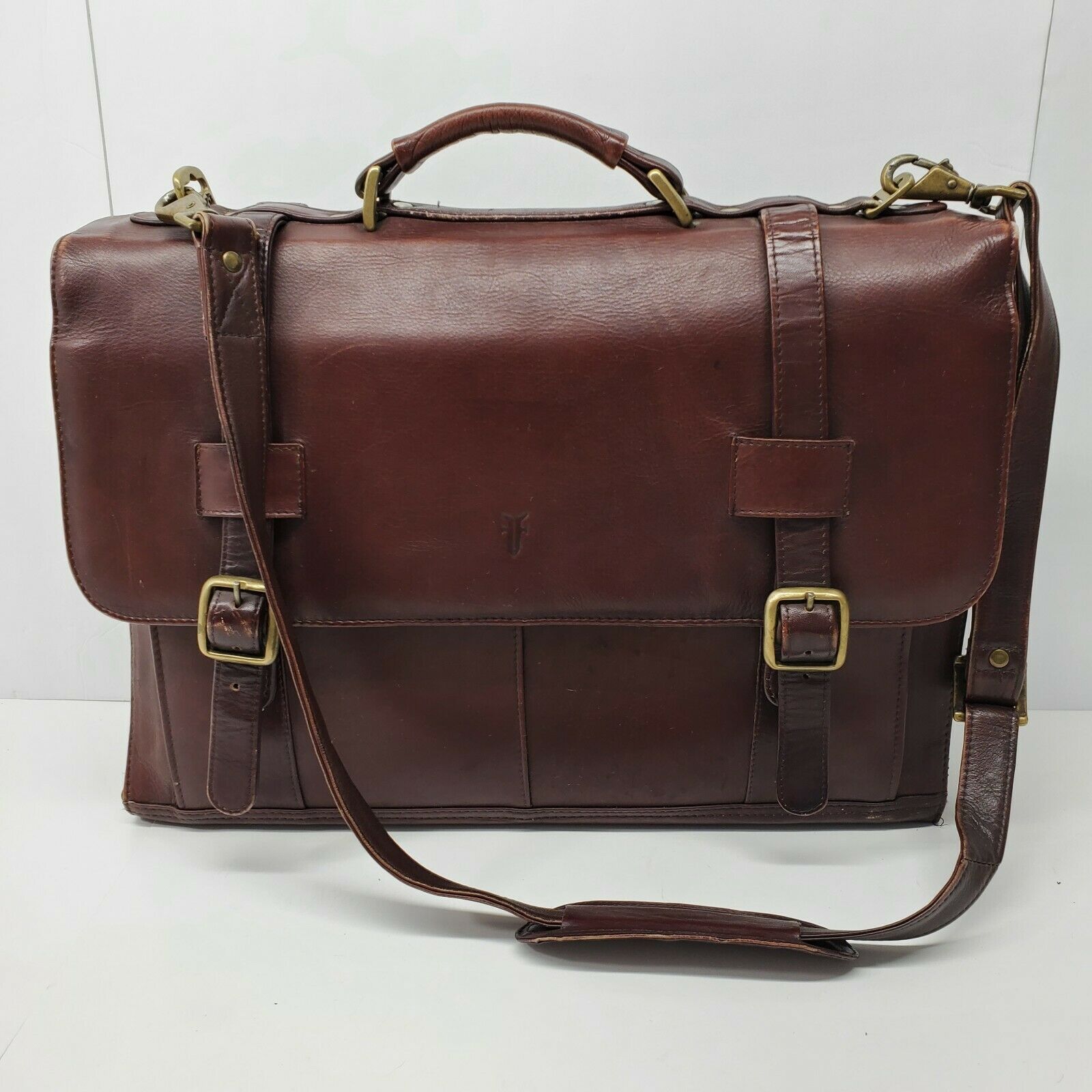 Frye Leather Brown Briefcase Straps Shoulder Top Handle Zip Open - Bags