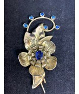 Vintage Gold Tone Over Sterling Silver Blue Rhinestone Floral Brooch (2460) - $35.00