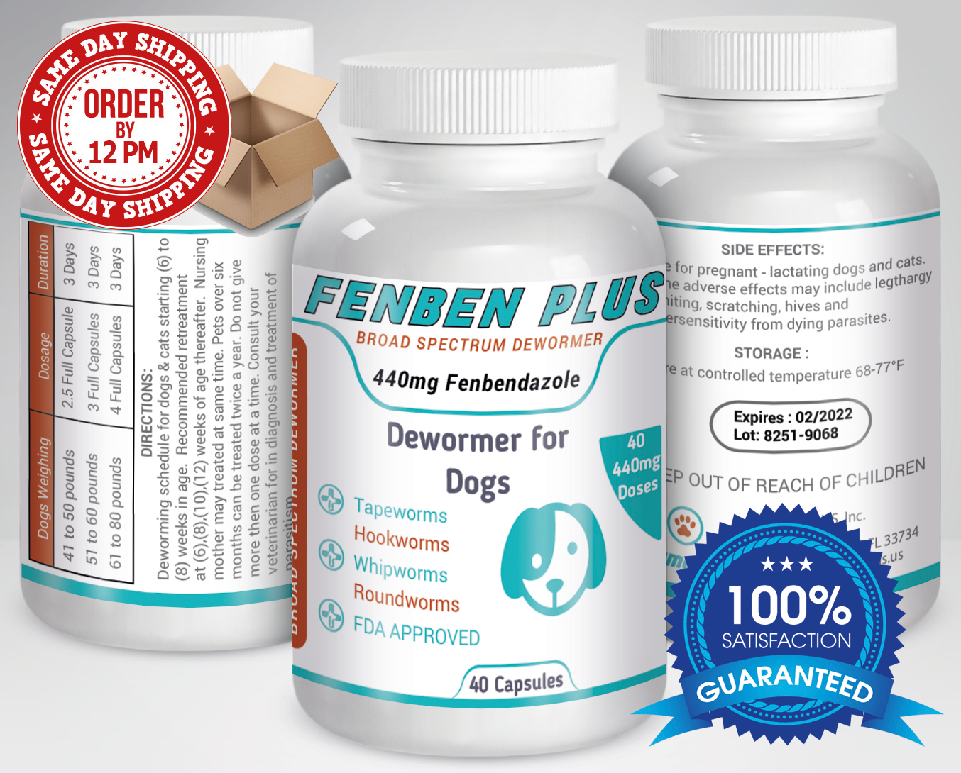 FenBen Plus Dewormer 40 GelCaps Broad Spectrum Tapeworm Hookworm Larger