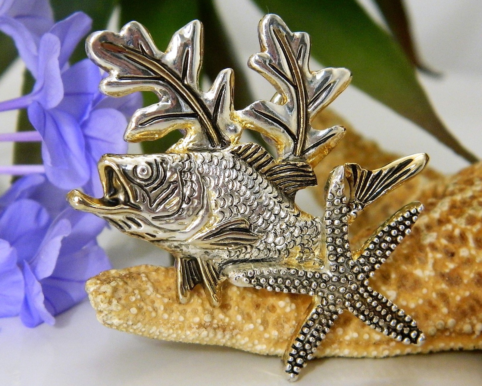 Grouper Bass Fish Pendant Brooch Pin Tropical Starfish Signed MJ Pins