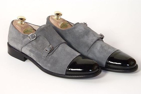 NEW Handmade Men Gray Black Shoes, Men Strap Cap Toe Leather Suede Double Monk S