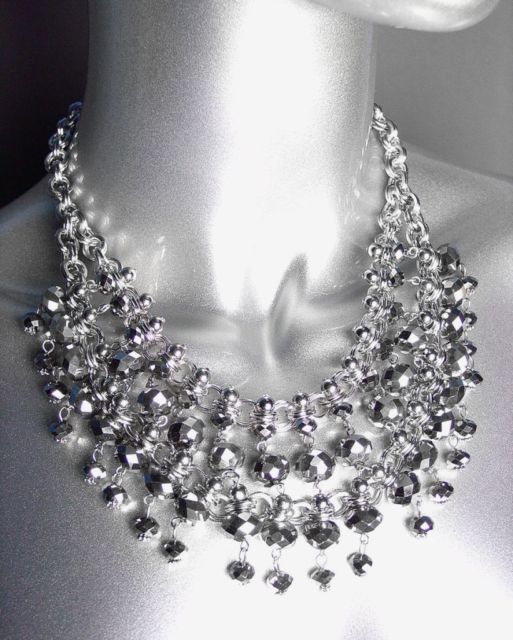 GLITZY Smoky Silver Hematite Czech Crystals Bib Drape Necklace Set - $39.99